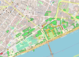 map of the MIT campus, with different buildings color-coded to show occupancy